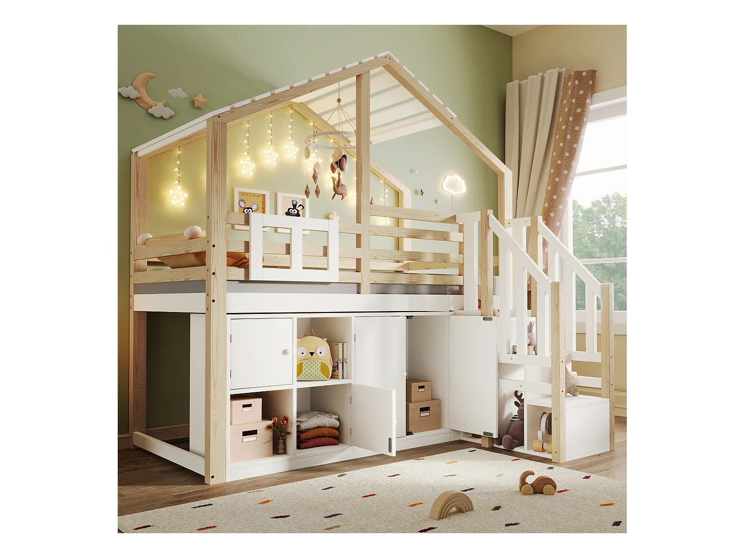 Lit mezzanine forme maison pour enfant - 90 x 200cm - avec casiers + échelle de rangement - bois - blanc + naturel