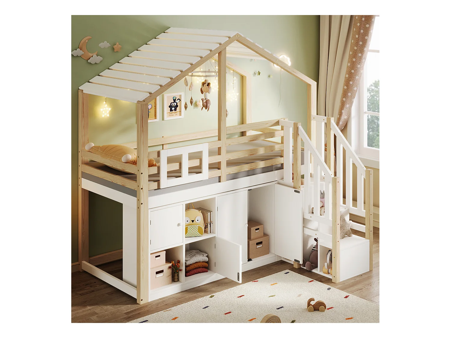 Lit mezzanine forme maison pour enfant - 90 x 200cm - avec casiers + échelle de rangement - bois - blanc + naturel