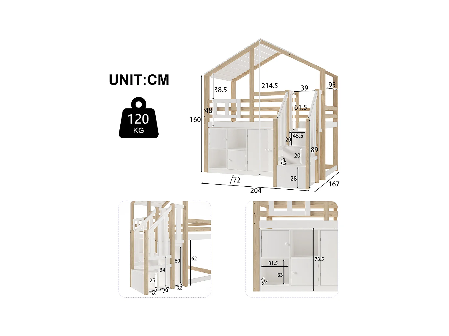 Lit mezzanine forme maison pour enfant - 90 x 200cm - avec casiers + échelle de rangement - bois - blanc + naturel