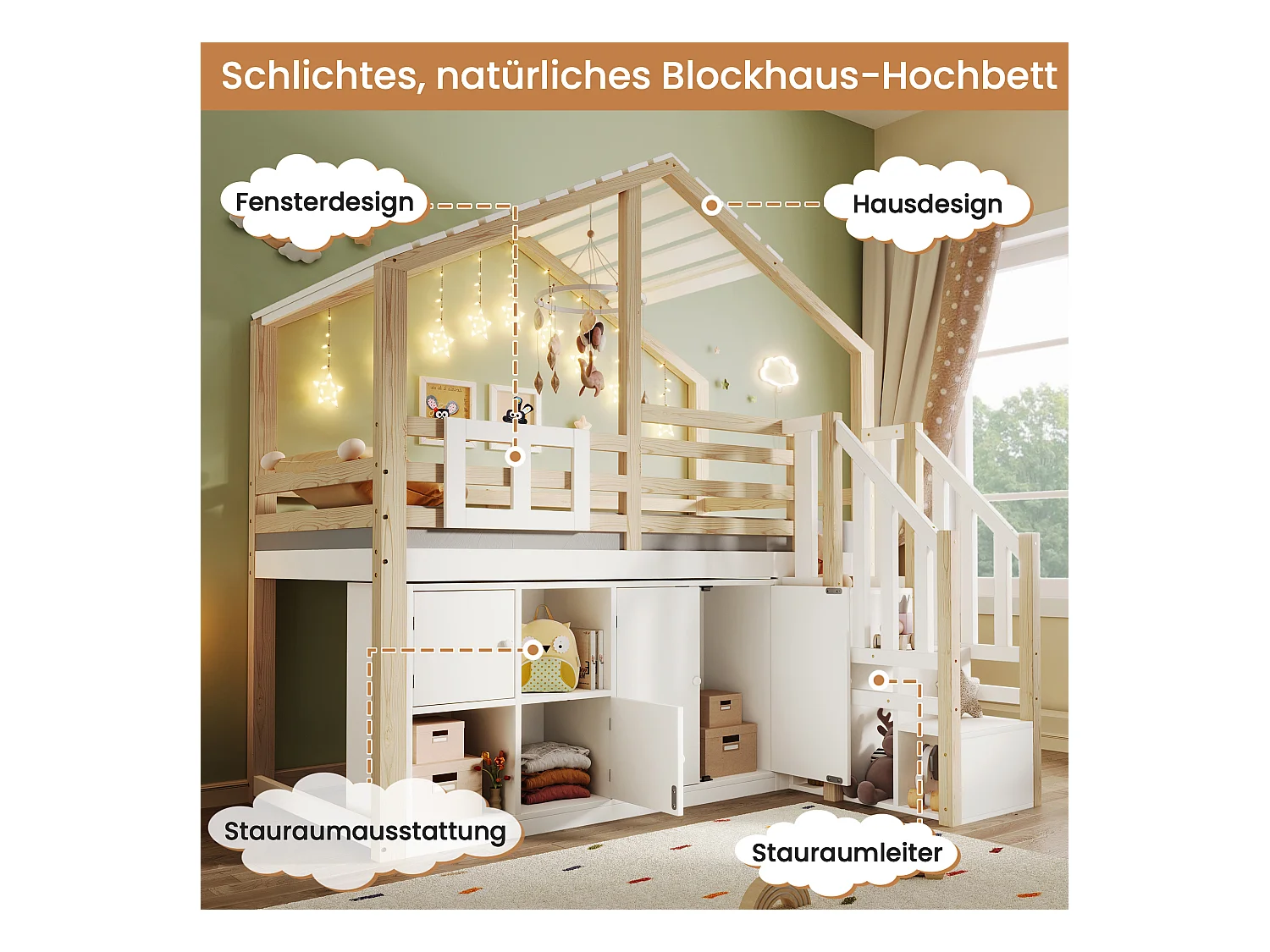 Lit mezzanine forme maison pour enfant - 90 x 200cm - avec casiers + échelle de rangement - bois - blanc + naturel