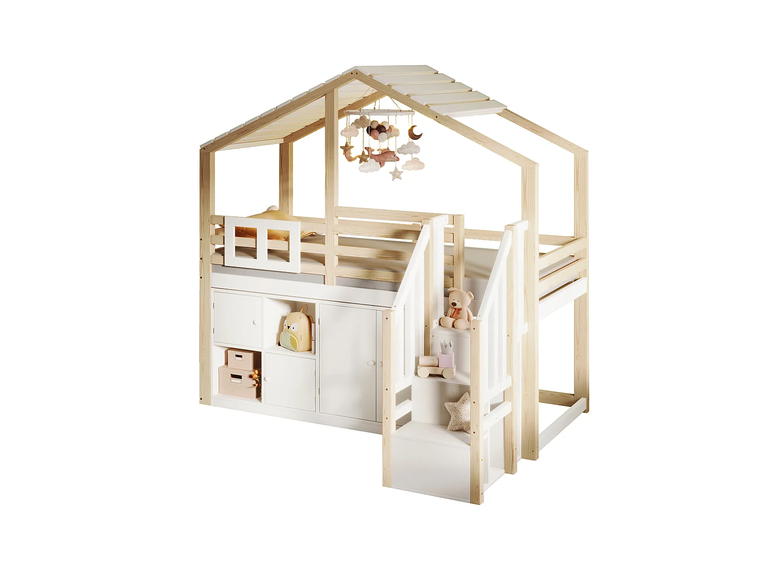 Lit mezzanine forme maison pour enfant - 90 x 200cm - avec casiers + échelle de rangement - bois - blanc + naturel