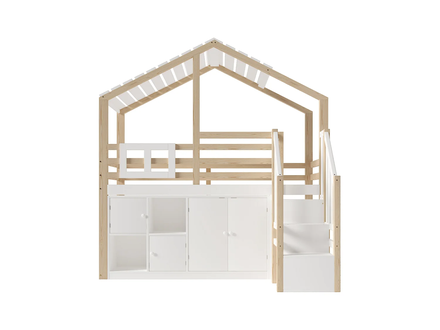 Cama alta infantil con forma de casa - 90 x 200 cm - con taquillas + escalera de almacenaje - madera - blanco + natural