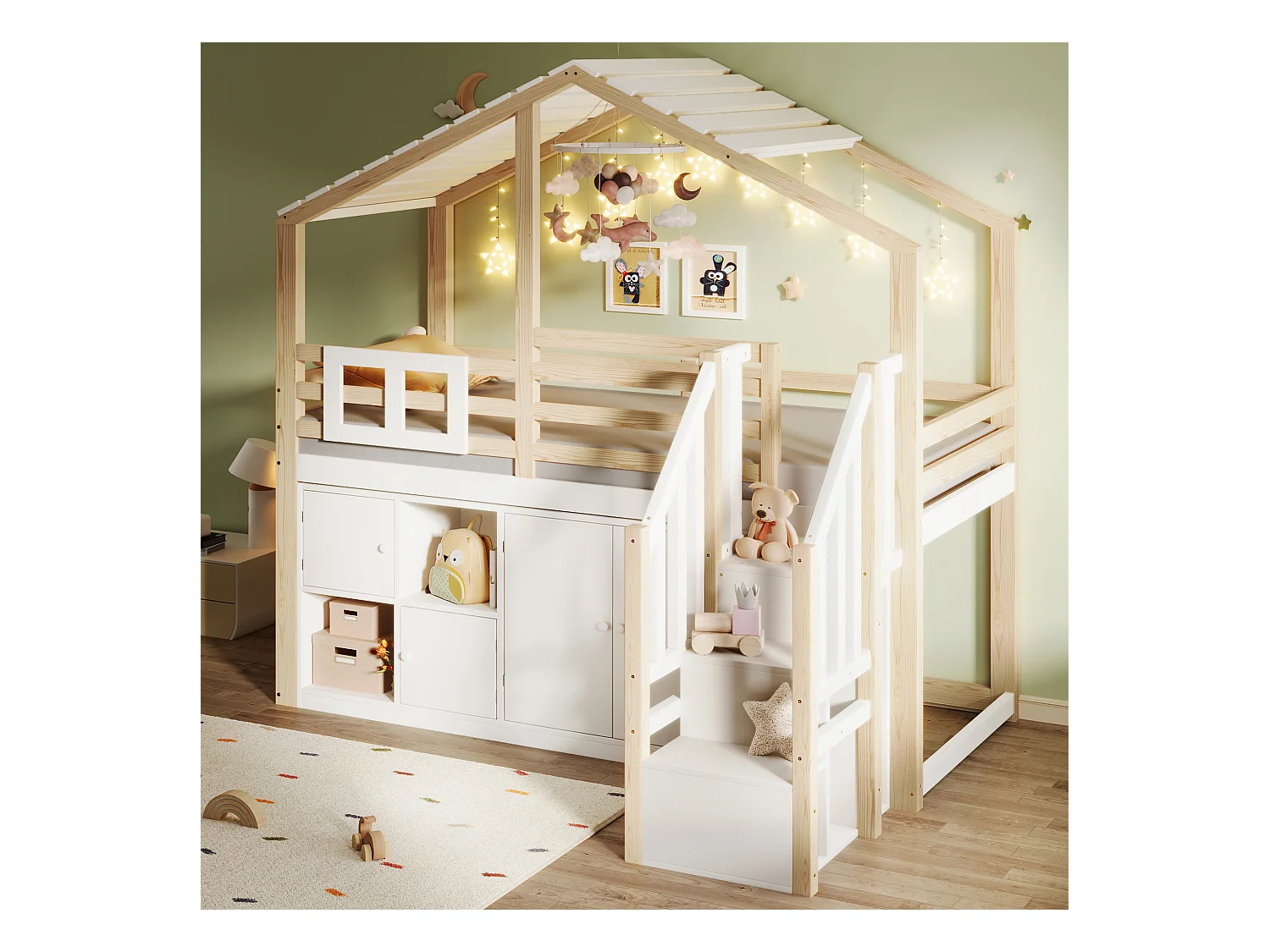 Cama alta infantil con forma de casa - 90 x 200 cm - con taquillas + escalera de almacenaje - madera - blanco + natural