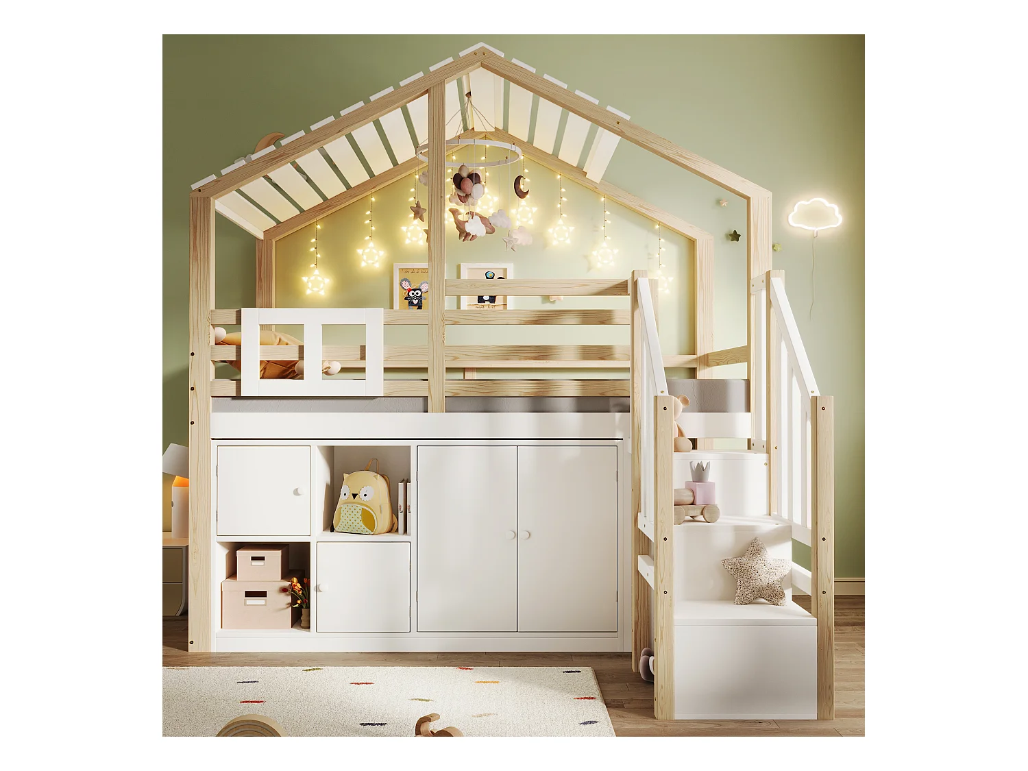 Cama alta infantil con forma de casa - 90 x 200 cm - con taquillas + escalera de almacenaje - madera - blanco + natural