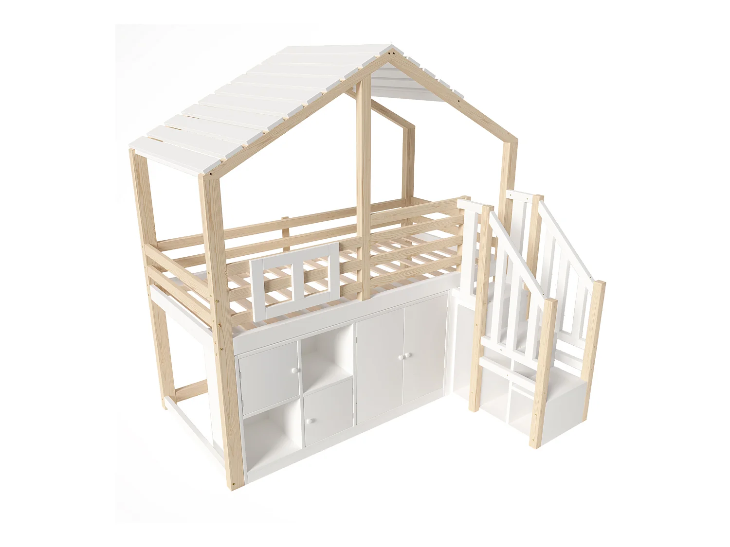Cama alta infantil con forma de casa - 90 x 200 cm - con taquillas + escalera de almacenaje - madera - blanco + natural