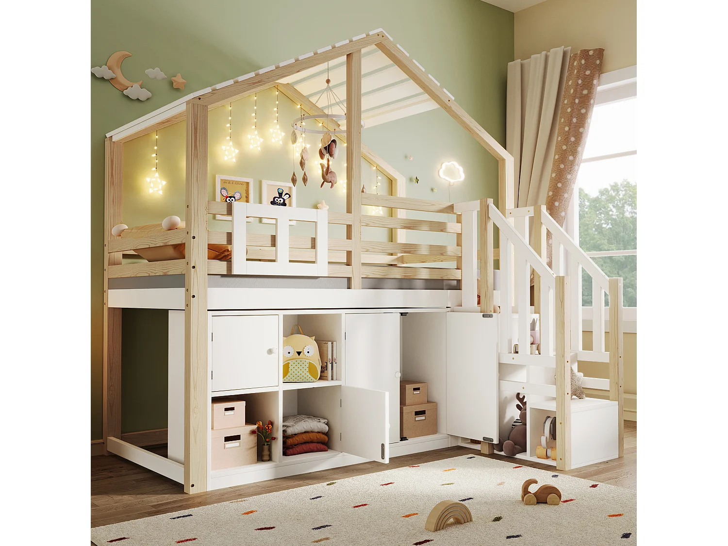 Lit mezzanine forme maison pour enfant - 90 x 200cm - avec casiers + échelle de rangement - bois - blanc + naturel