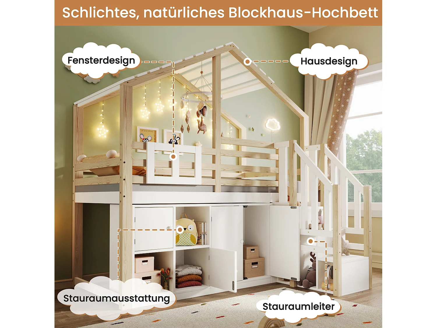 Lit mezzanine forme maison pour enfant - 90 x 200cm - avec casiers + échelle de rangement - bois - blanc + naturel