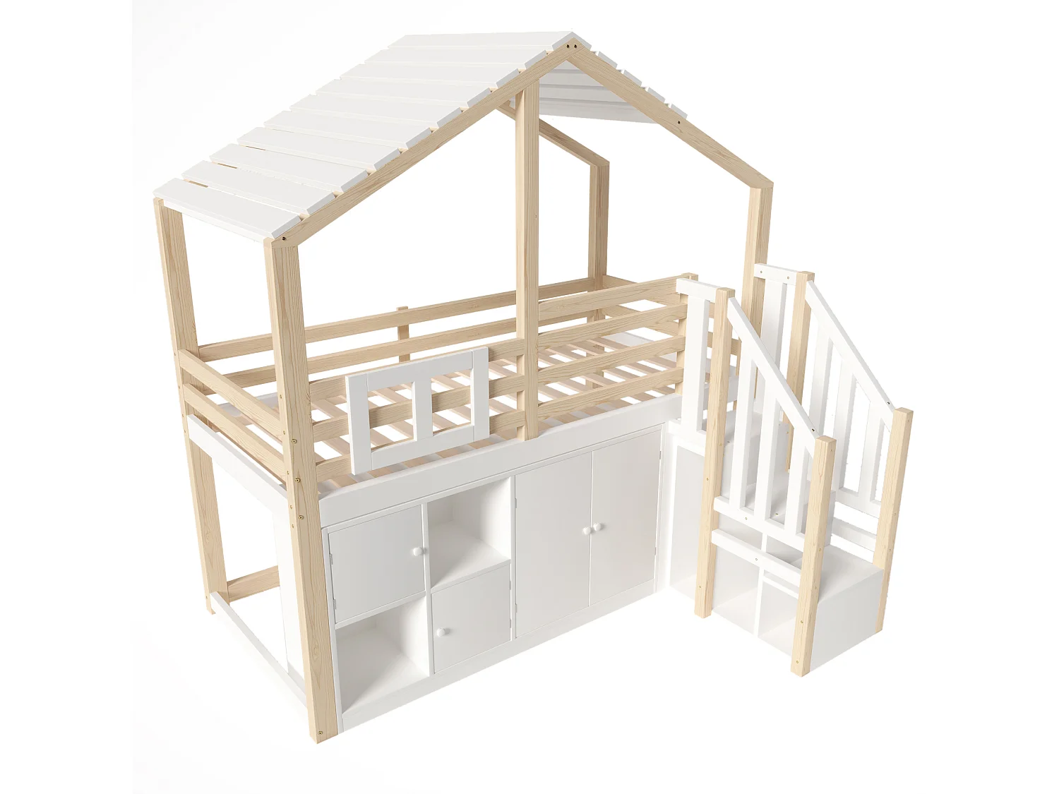 Lit mezzanine forme maison pour enfant - 90 x 200cm - avec casiers + échelle de rangement - bois - blanc + naturel
