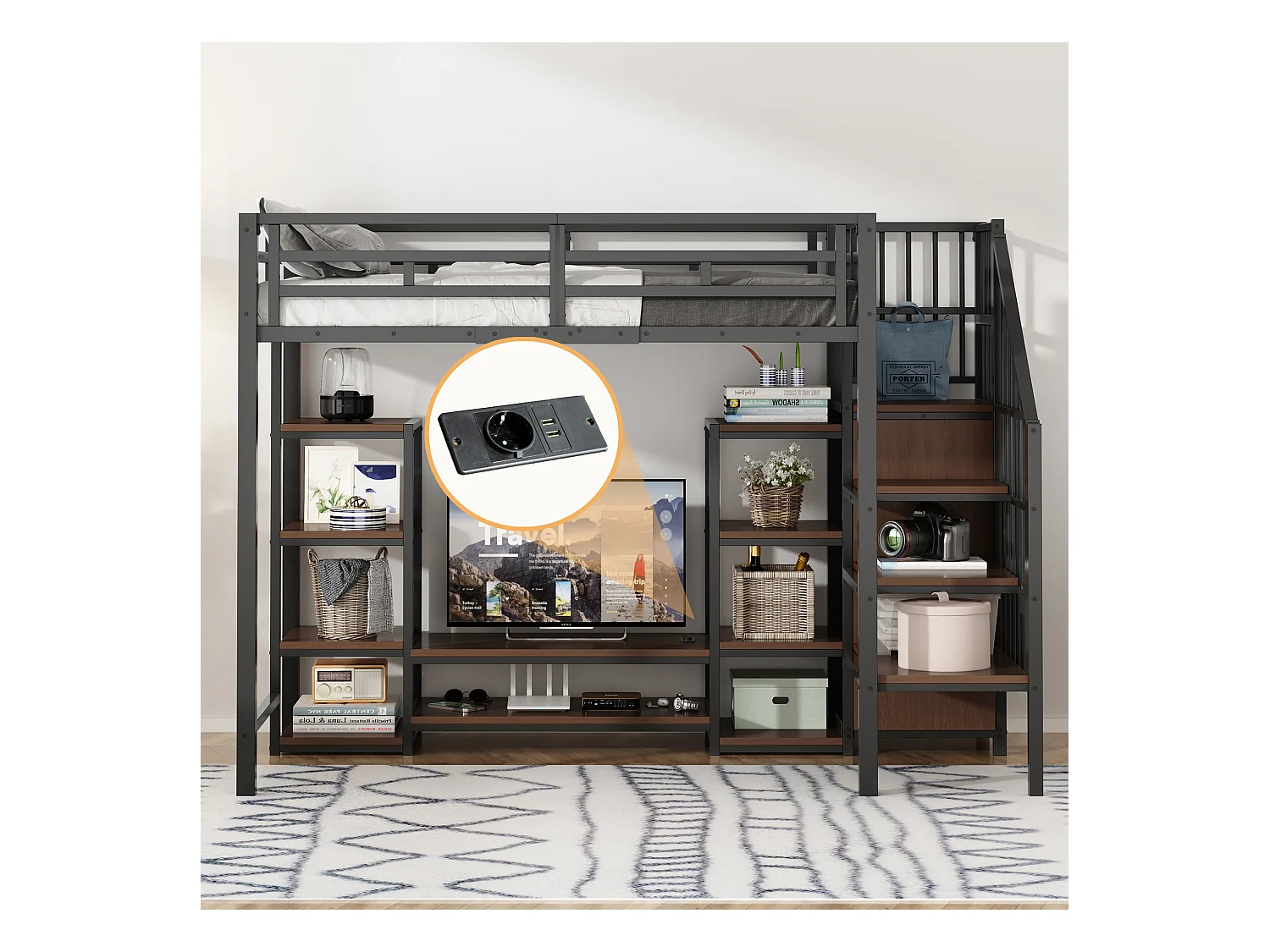 Kinderhochbett - 90 x 200 cm - mit TV-Schrank + Steckdose + Sicherheitsleiter + Ablageboden - Metall - schwarz