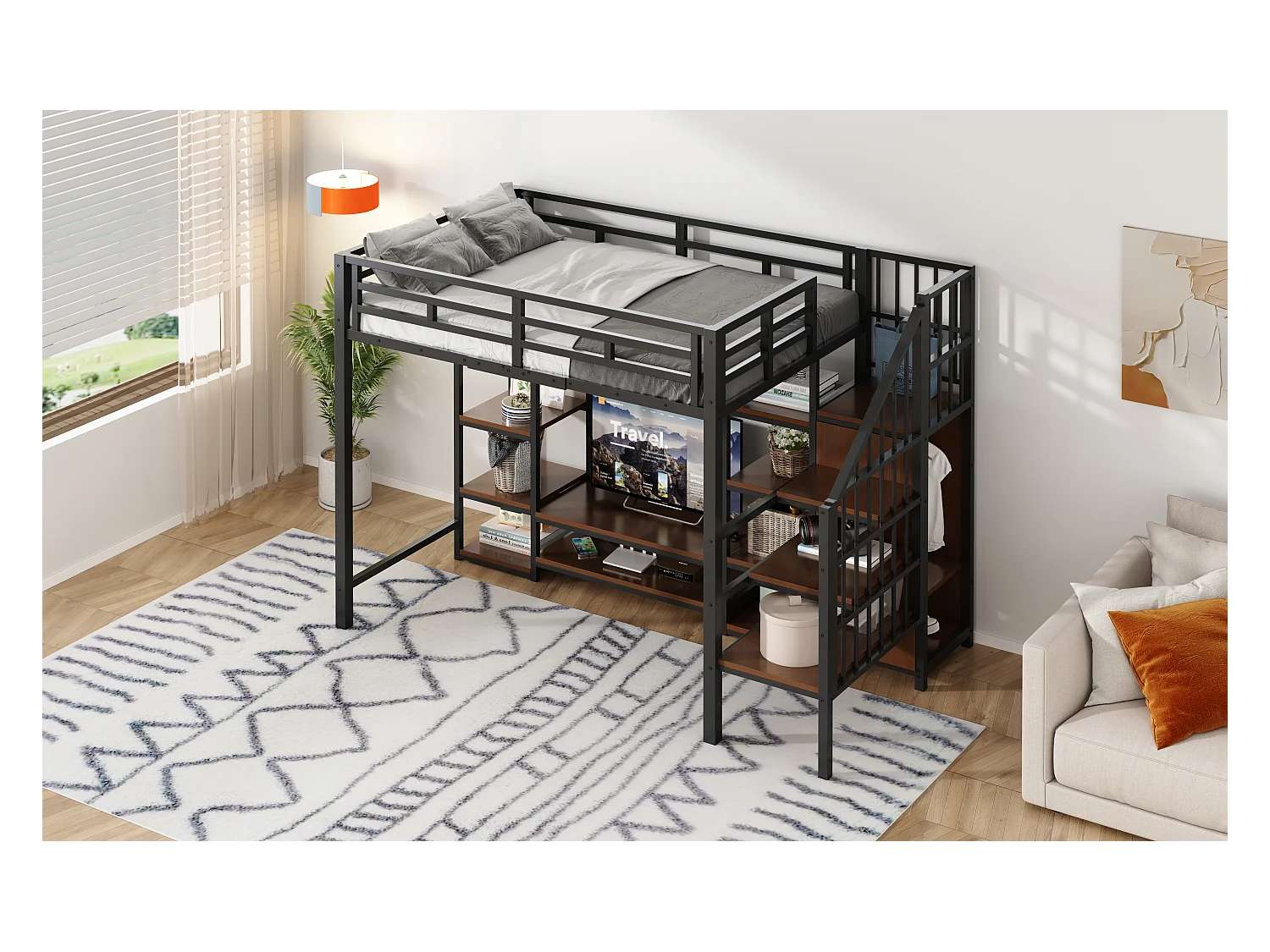 Kinderhochbett - 90 x 200 cm - mit TV-Schrank + Steckdose + Sicherheitsleiter + Ablageboden - Metall - schwarz