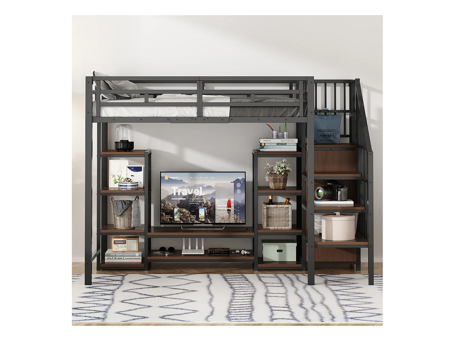 Kinderhochbett - 90 x 200 cm - mit TV-Schrank + Steckdose + Sicherheitsleiter + Ablageboden - Metall - schwarz