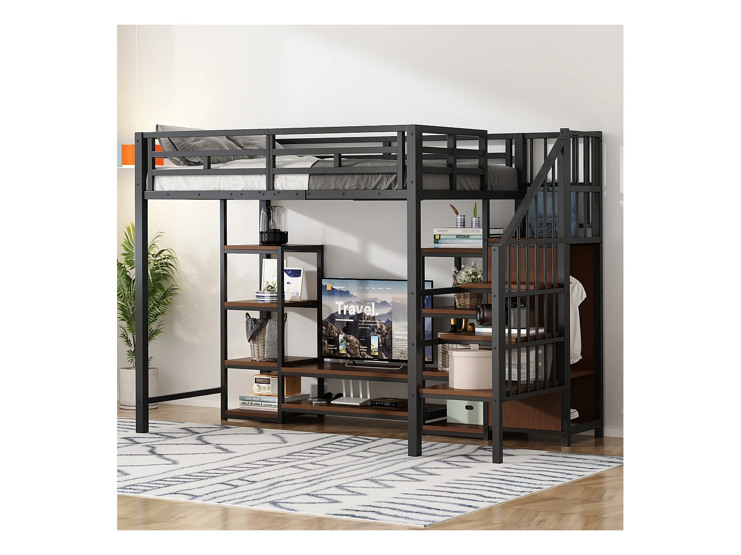 Kinderhochbett - 90 x 200 cm - mit TV-Schrank + Steckdose + Sicherheitsleiter + Ablageboden - Metall - schwarz