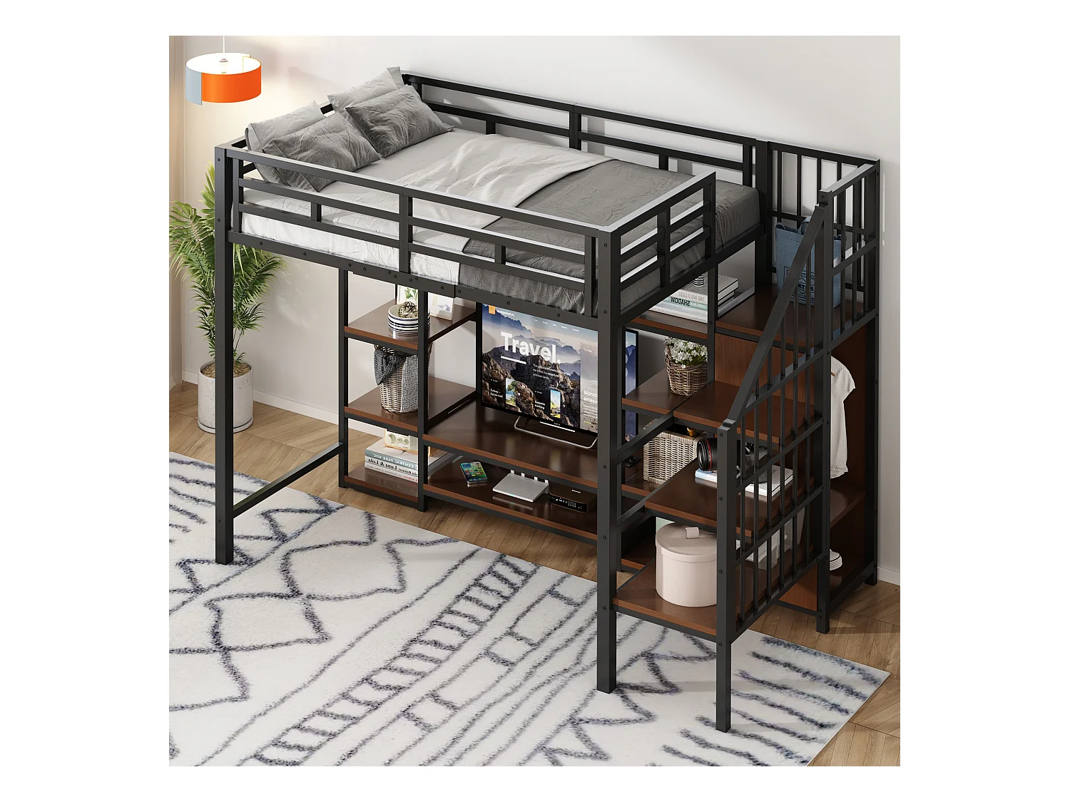 Kinderhochbett - 90 x 200 cm - mit TV-Schrank + Steckdose + Sicherheitsleiter + Ablageboden - Metall - schwarz