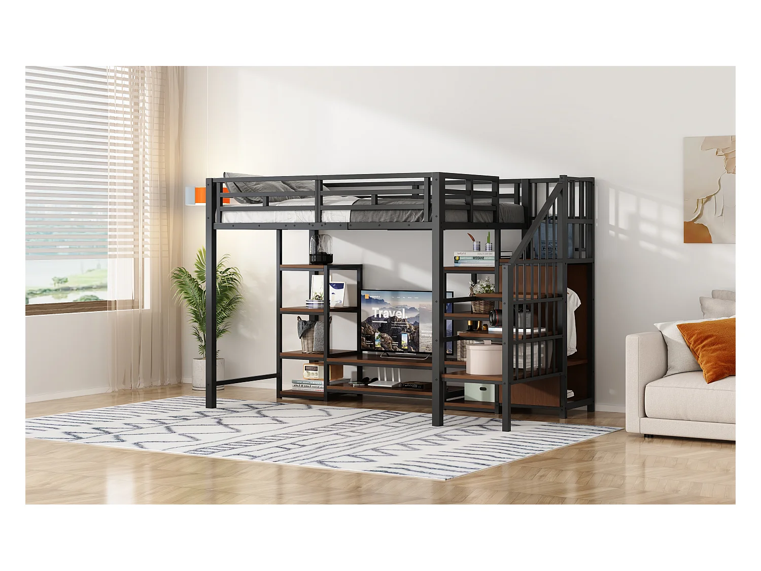 Kinderhochbett - 90 x 200 cm - mit TV-Schrank + Steckdose + Sicherheitsleiter + Ablageboden - Metall - schwarz