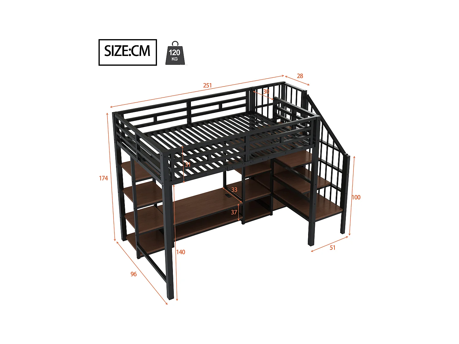 Kinderhochbett - 90 x 200 cm - mit TV-Schrank + Steckdose + Sicherheitsleiter + Ablageboden - Metall - schwarz