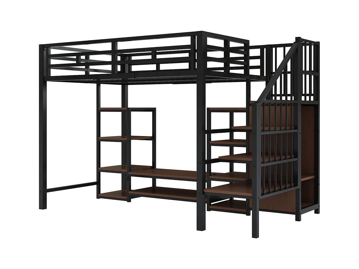 Kinderhochbett - 90 x 200 cm - mit TV-Schrank + Steckdose + Sicherheitsleiter + Ablageboden - Metall - schwarz