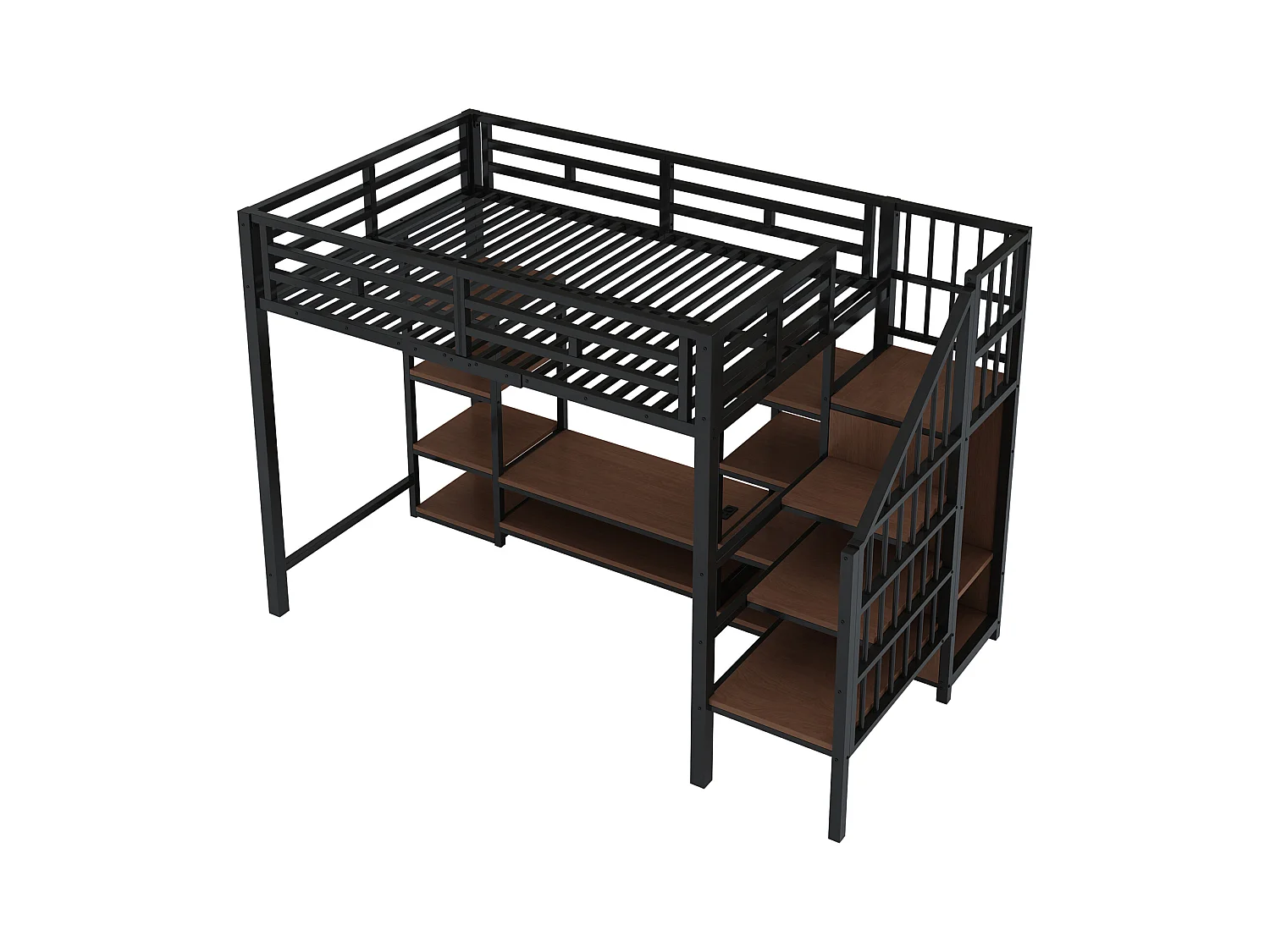 Kinderhochbett - 90 x 200 cm - mit TV-Schrank + Steckdose + Sicherheitsleiter + Ablageboden - Metall - schwarz