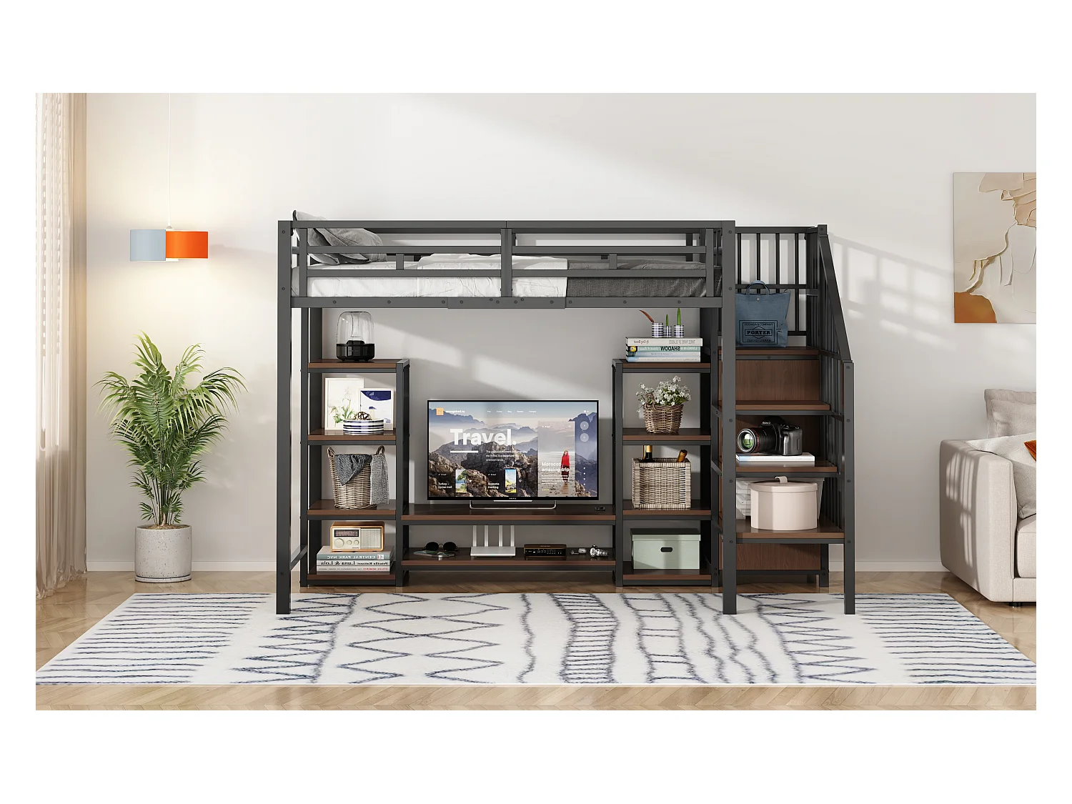 Kinderhochbett - 90 x 200 cm - mit TV-Schrank + Steckdose + Sicherheitsleiter + Ablageboden - Metall - schwarz
