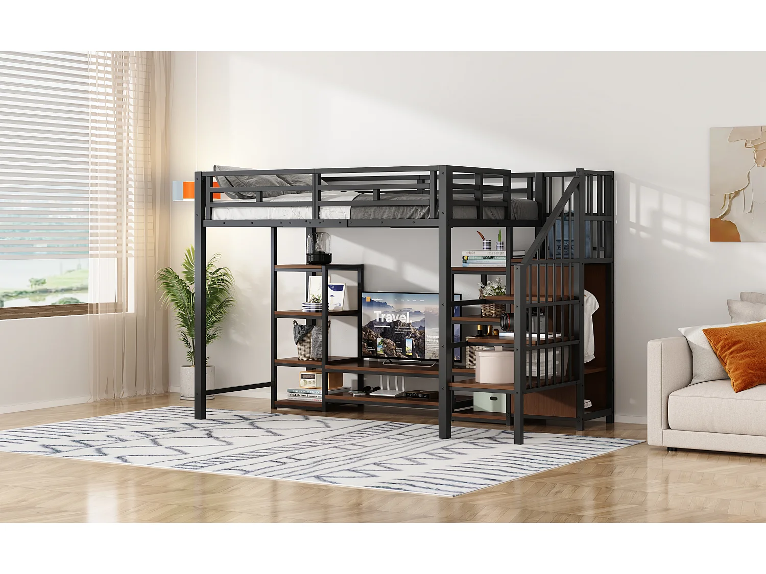 Lit mezzanine enfant - 90 x 200 cm - avec meuble TV + prise + échelle de sécurité + étagère de rangement - métal - noir