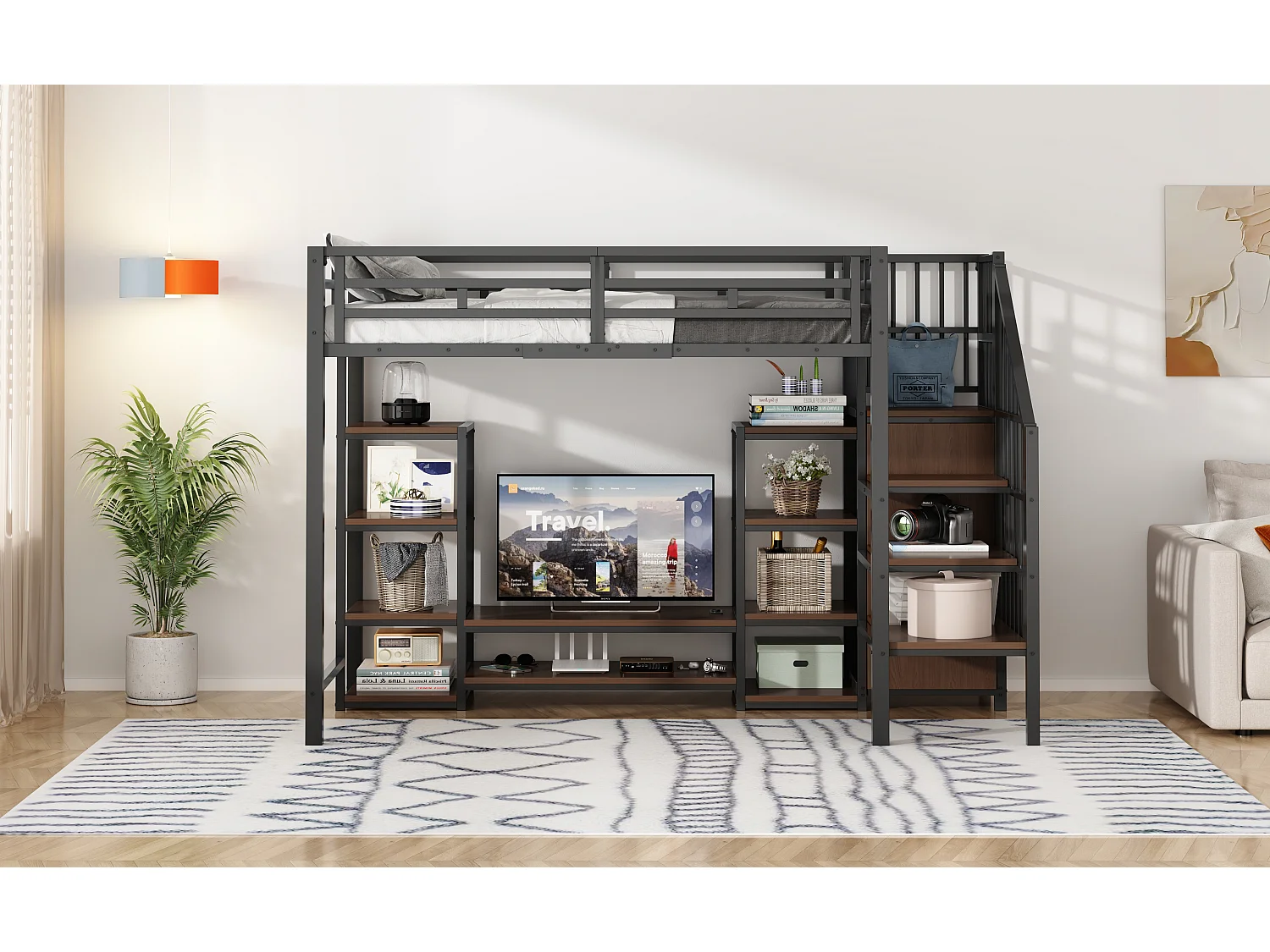 Lit mezzanine enfant - 90 x 200 cm - avec meuble TV + prise + échelle de sécurité + étagère de rangement - métal - noir