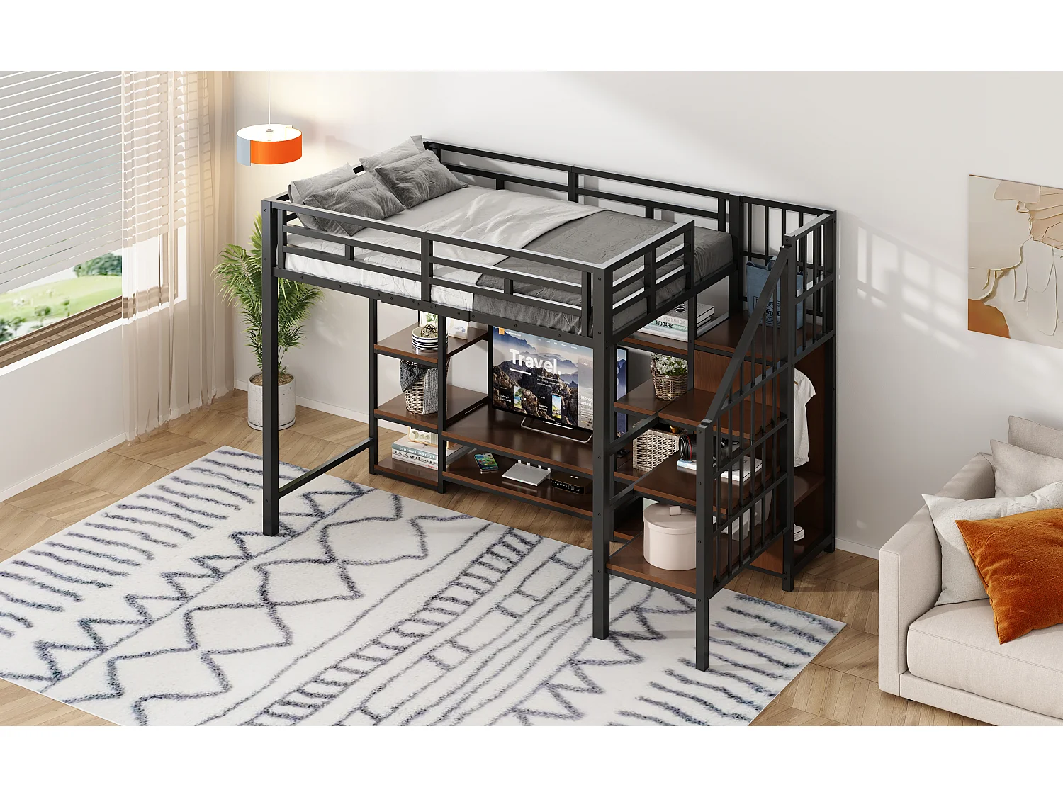 Lit mezzanine enfant - 90 x 200 cm - avec meuble TV + prise + échelle de sécurité + étagère de rangement - métal - noir