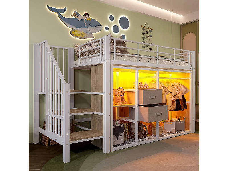 lit mezzanine pour enfant - 90 x 200 cm - avec 2 tiroirs + armoire ouverte + Leds - métal - blanc