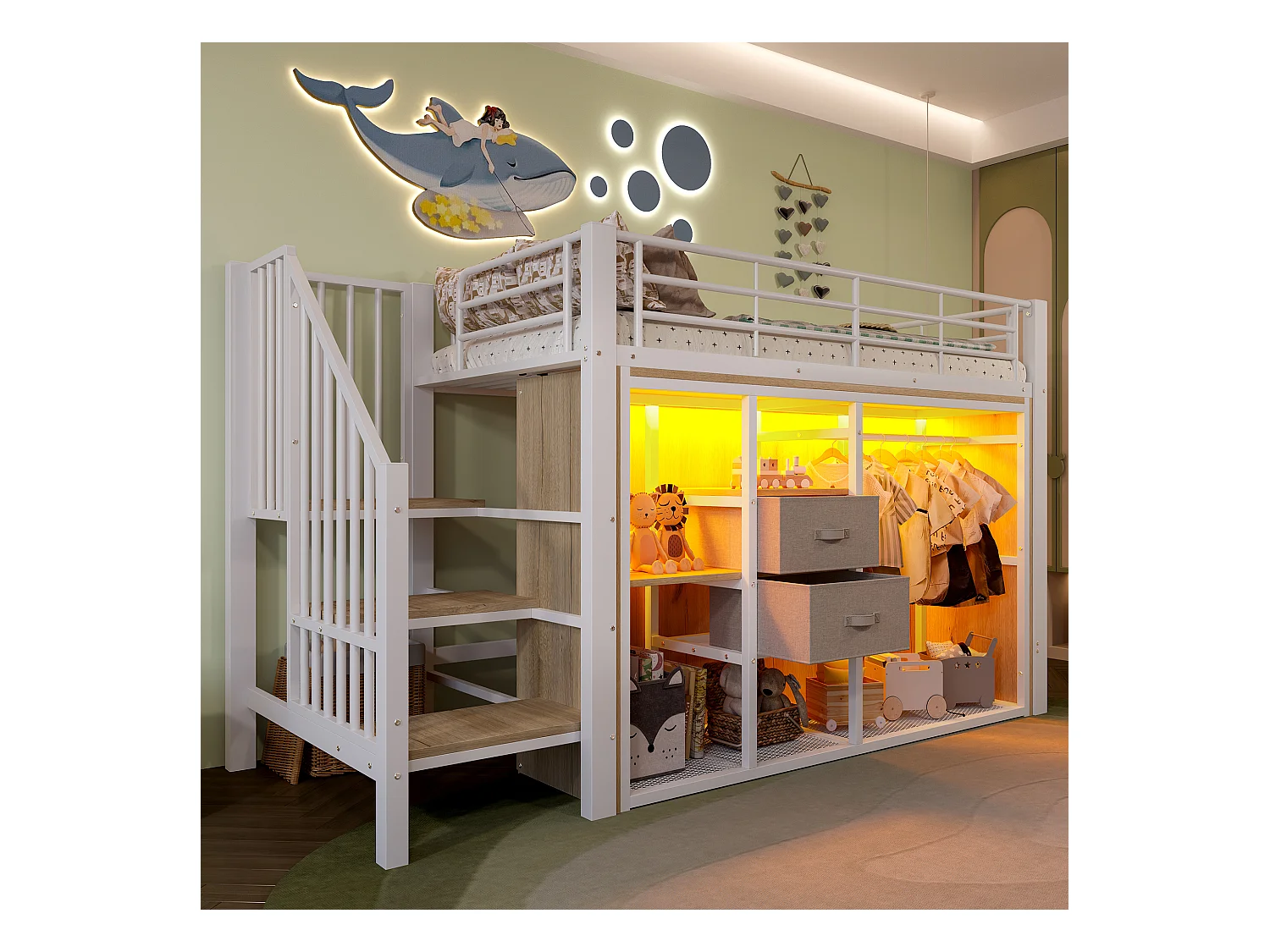 Kinderhochbett - 90 x 200 cm - mit 2 Schubladen + offenem Kleiderschrank + LEDs - Metall - weiß