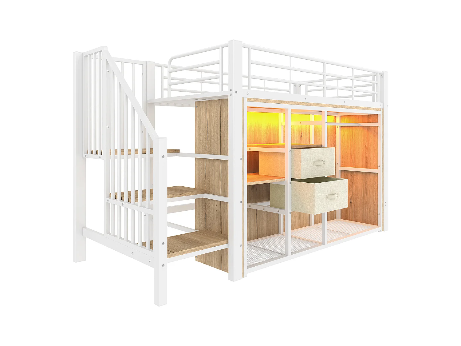Kinderhochbett - 90 x 200 cm - mit 2 Schubladen + offenem Kleiderschrank + LEDs - Metall - weiß