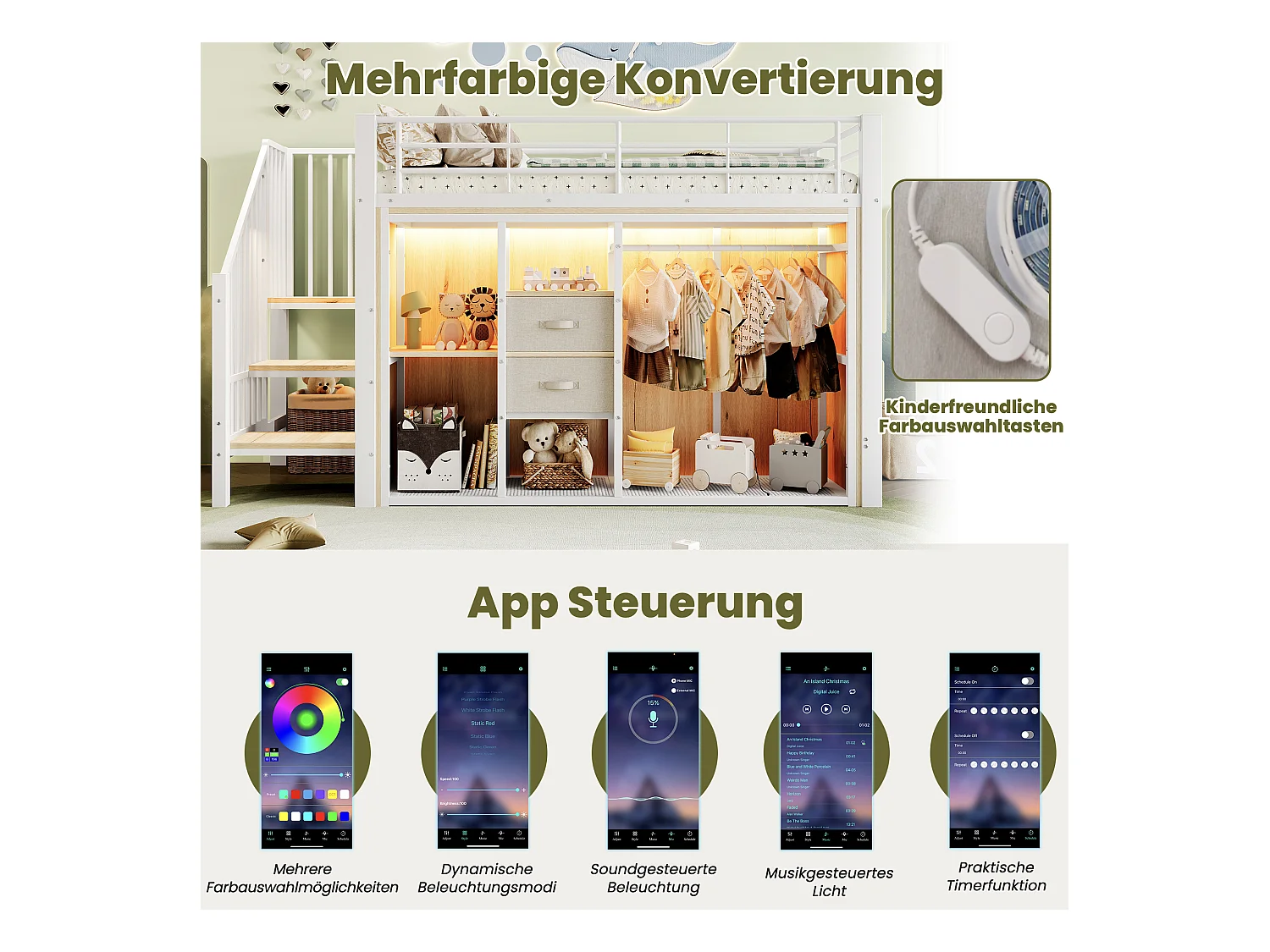 Kinderhochbett - 90 x 200 cm - mit 2 Schubladen + offenem Kleiderschrank + LEDs - Metall - weiß