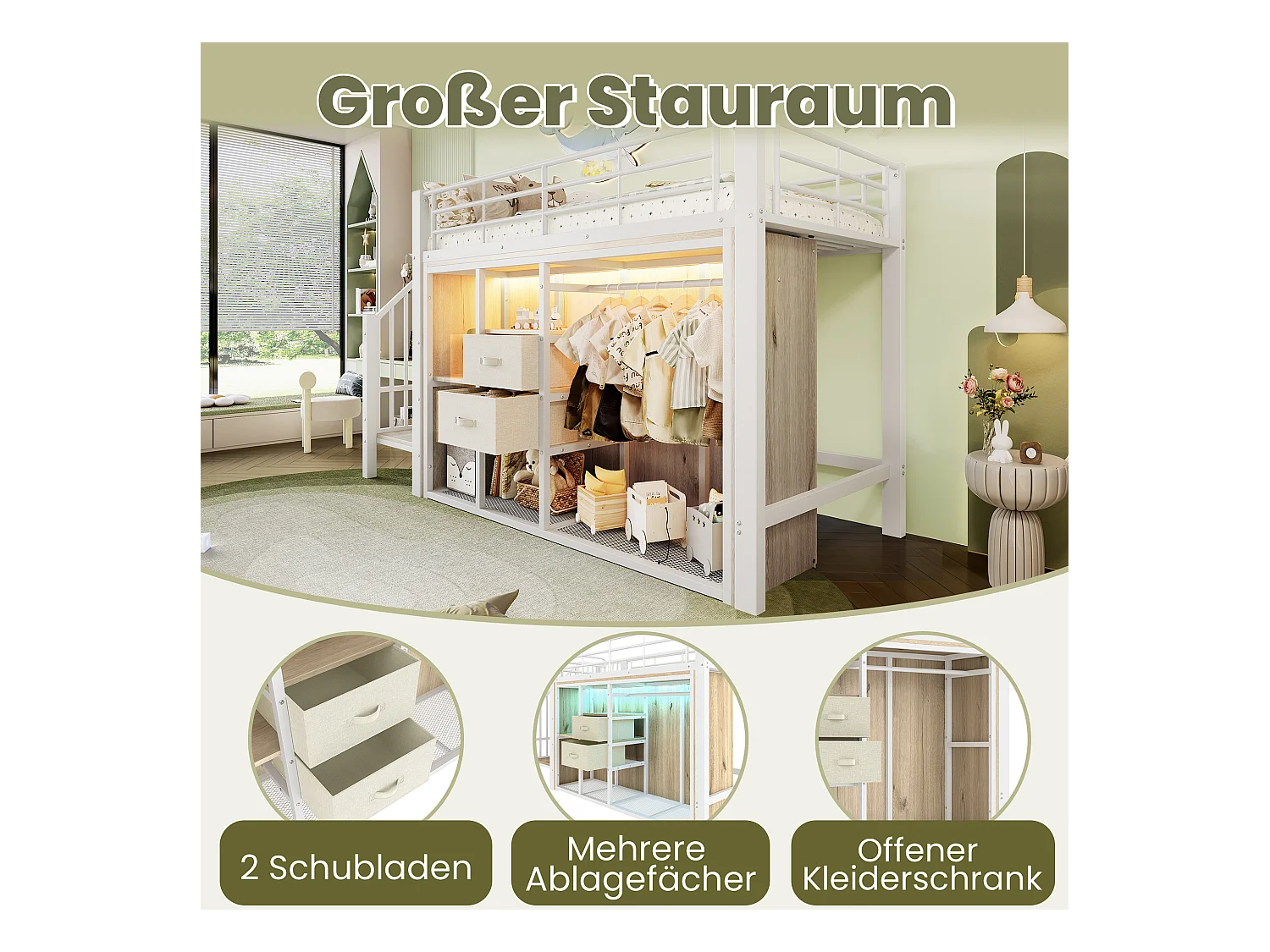 Kinderhochbett - 90 x 200 cm - mit 2 Schubladen + offenem Kleiderschrank + LEDs - Metall - weiß