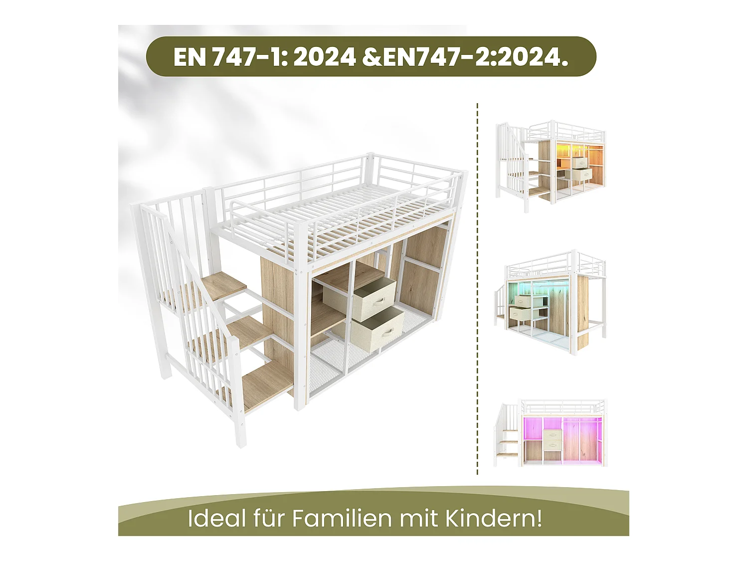 Kinderhochbett - 90 x 200 cm - mit 2 Schubladen + offenem Kleiderschrank + LEDs - Metall - weiß