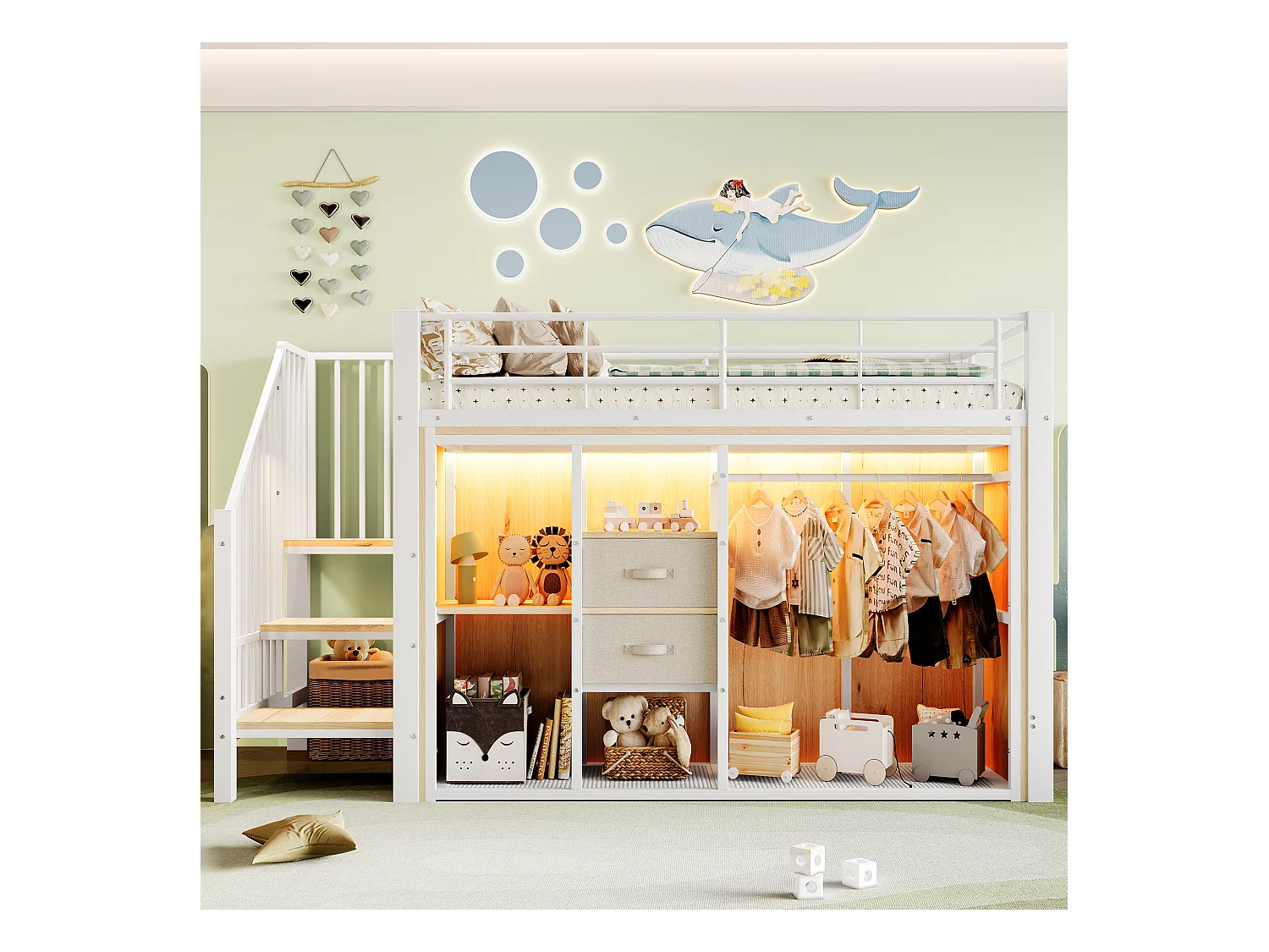 Kinderhochbett - 90 x 200 cm - mit 2 Schubladen + offenem Kleiderschrank + LEDs - Metall - weiß