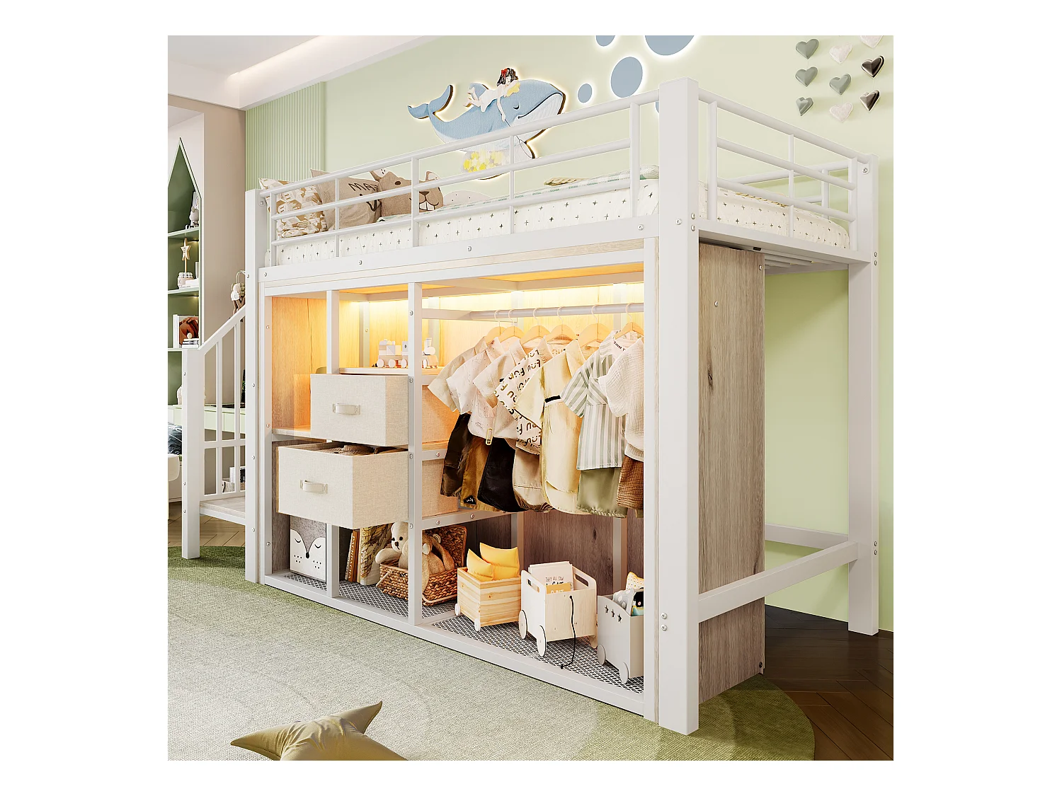 Kinderhochbett - 90 x 200 cm - mit 2 Schubladen + offenem Kleiderschrank + LEDs - Metall - weiß