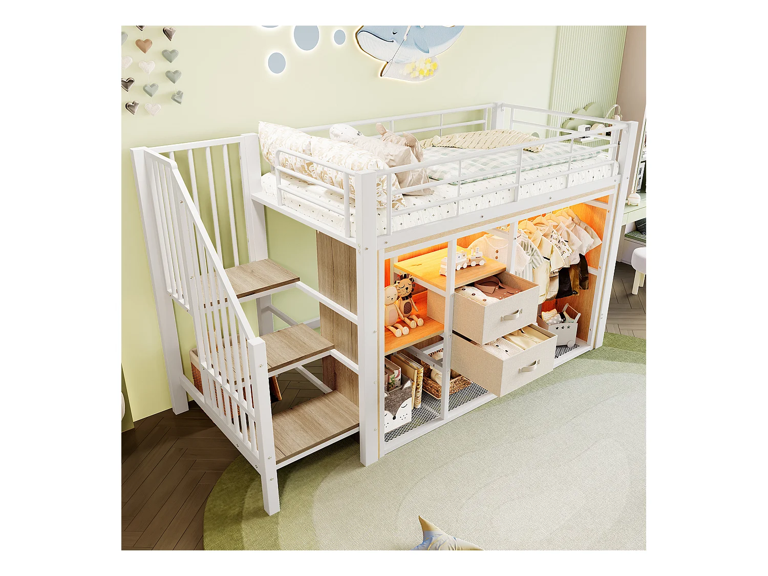 Kinderhochbett - 90 x 200 cm - mit 2 Schubladen + offenem Kleiderschrank + LEDs - Metall - weiß