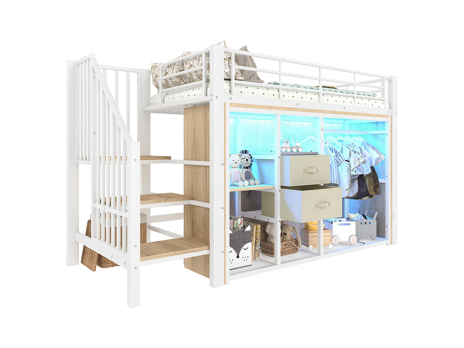 Kinderhochbett - 90 x 200 cm - mit 2 Schubladen + offenem Kleiderschrank + LEDs - Metall - weiß