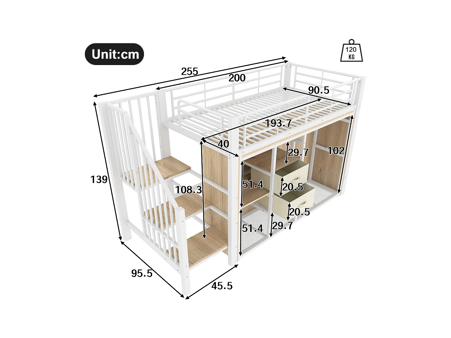 Kinderhochbett - 90 x 200 cm - mit 2 Schubladen + offenem Kleiderschrank + LEDs - Metall - weiß