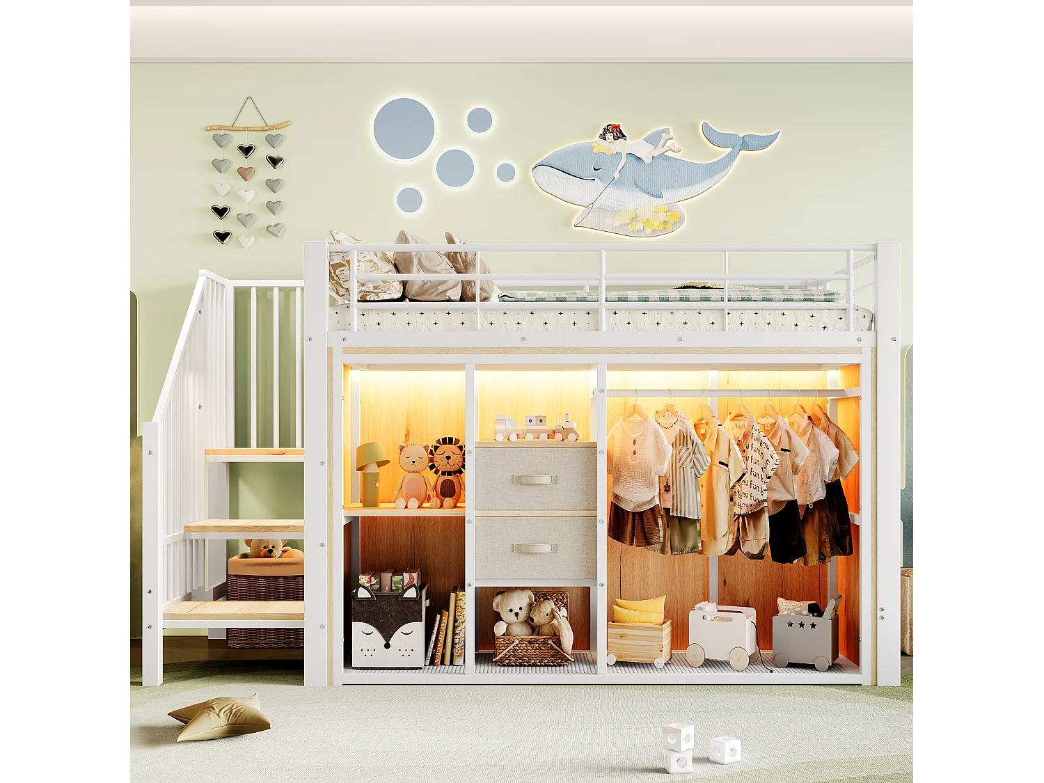 lit mezzanine pour enfant - 90 x 200 cm - avec 2 tiroirs + armoire ouverte + Leds - métal - blanc