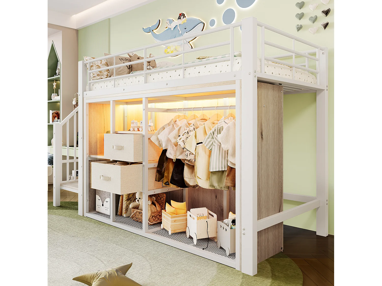 lit mezzanine pour enfant - 90 x 200 cm - avec 2 tiroirs + armoire ouverte + Leds - métal - blanc