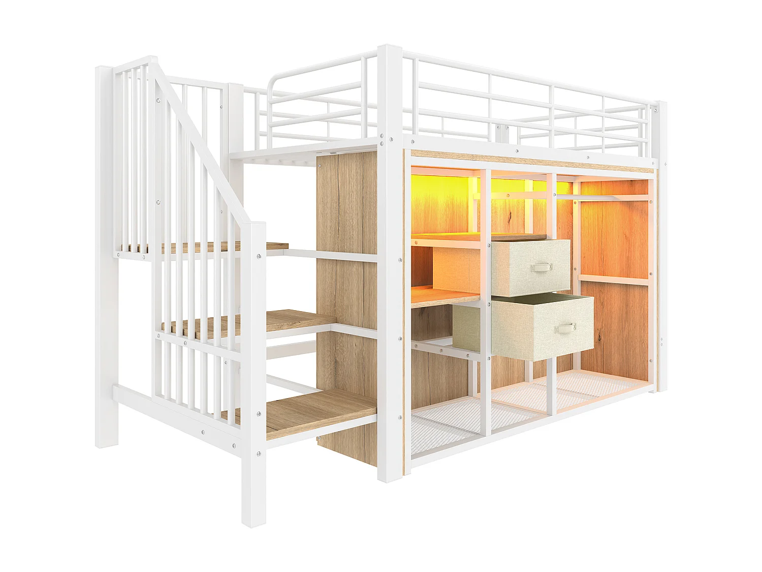 lit mezzanine pour enfant - 90 x 200 cm - avec 2 tiroirs + armoire ouverte + Leds - métal - blanc