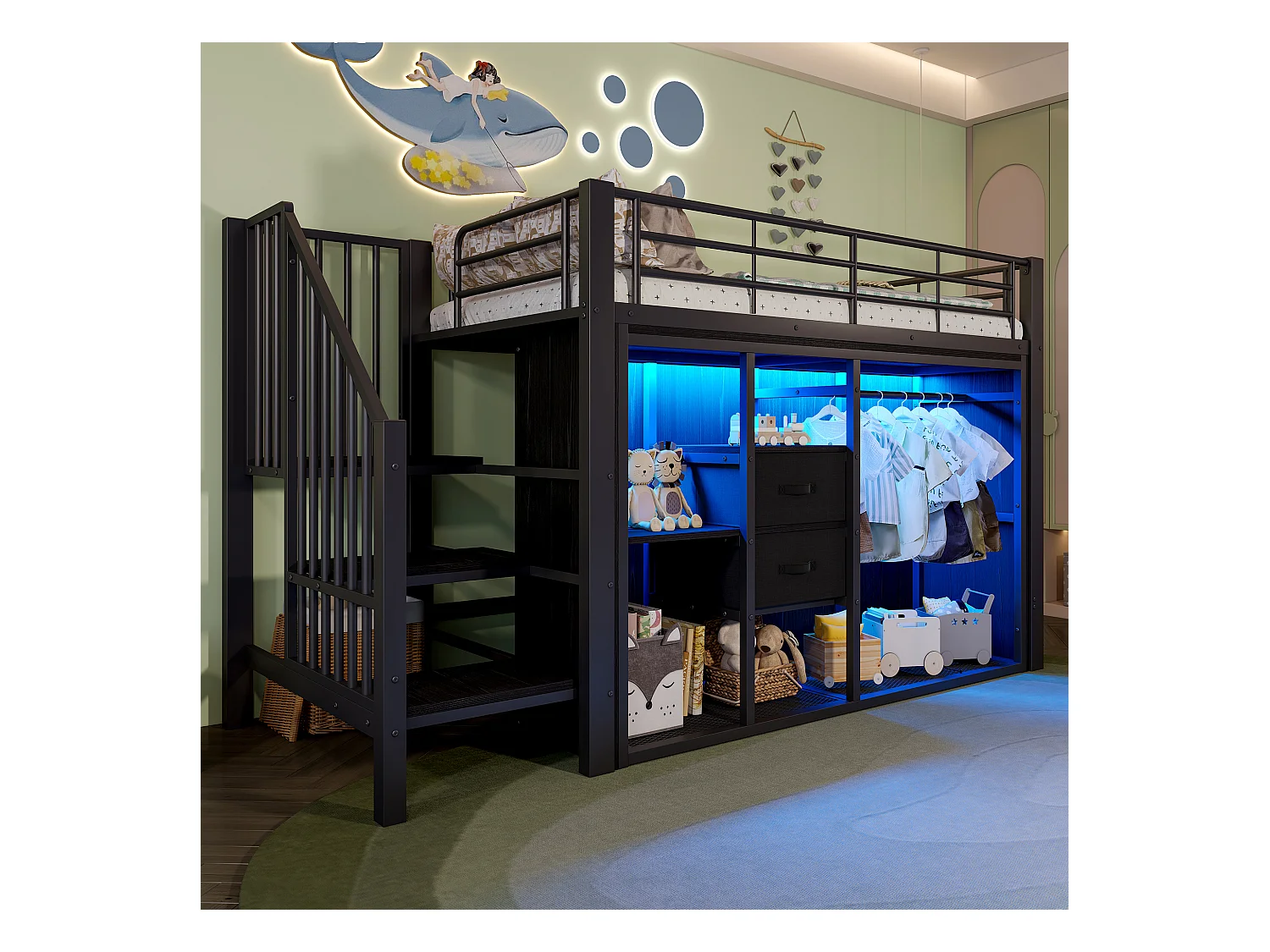 Kinderhochbett - 90 x 200 cm - mit 2 Schubladen + offenem Kleiderschrank + LEDs - Metall - schwarz