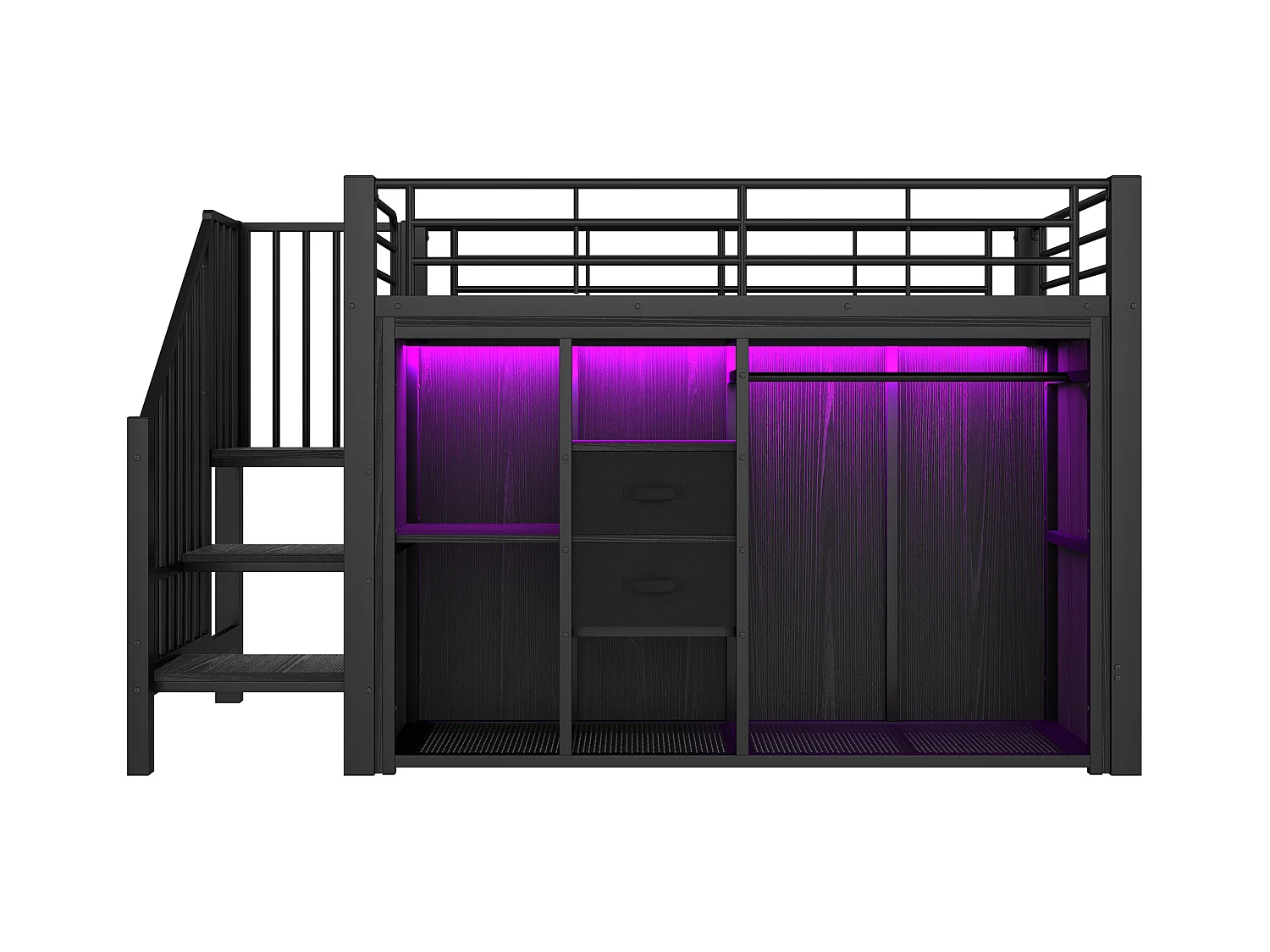 Kinderhochbett - 90 x 200 cm - mit 2 Schubladen + offenem Kleiderschrank + LEDs - Metall - schwarz