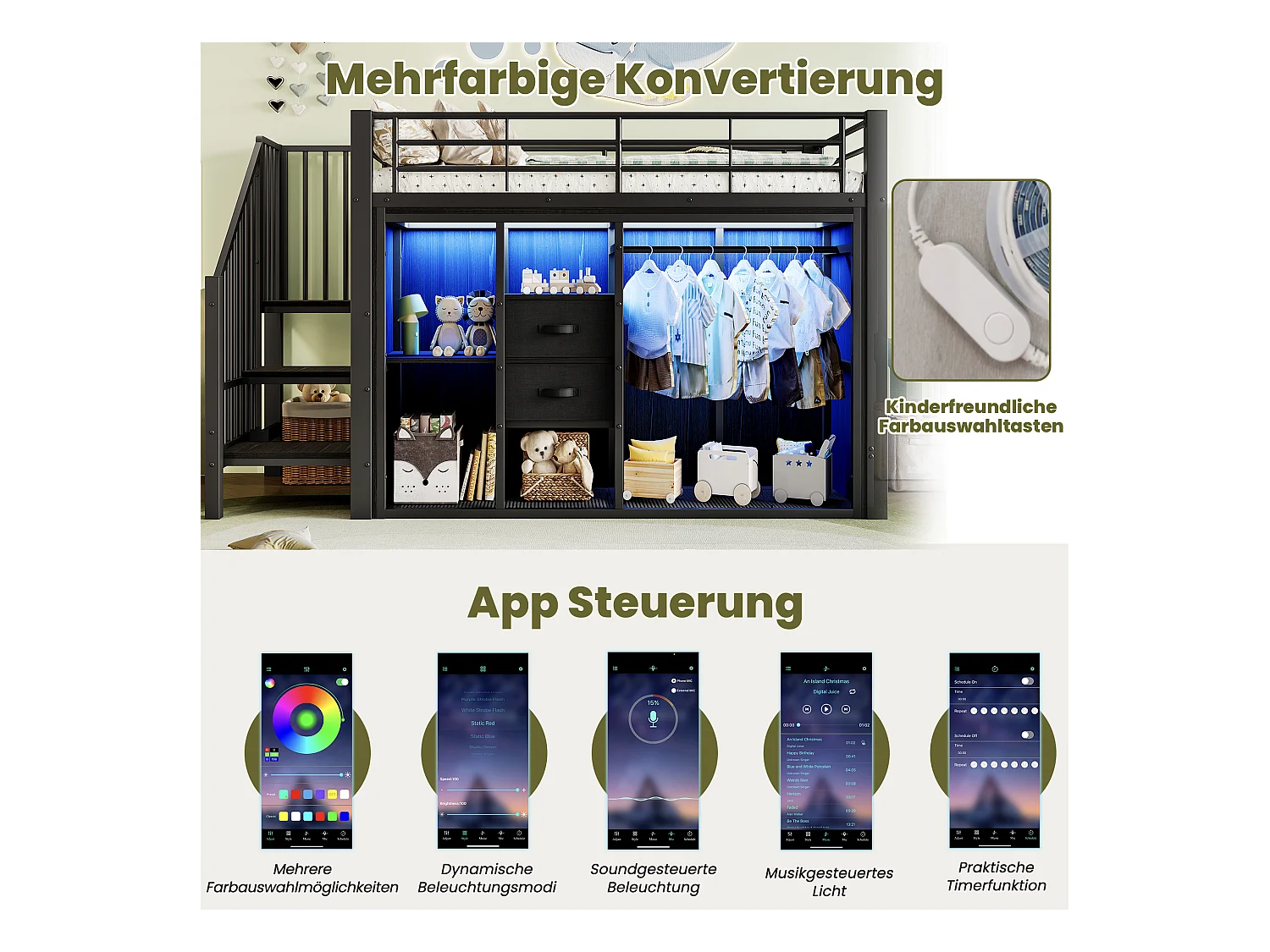 Kinderhochbett - 90 x 200 cm - mit 2 Schubladen + offenem Kleiderschrank + LEDs - Metall - schwarz