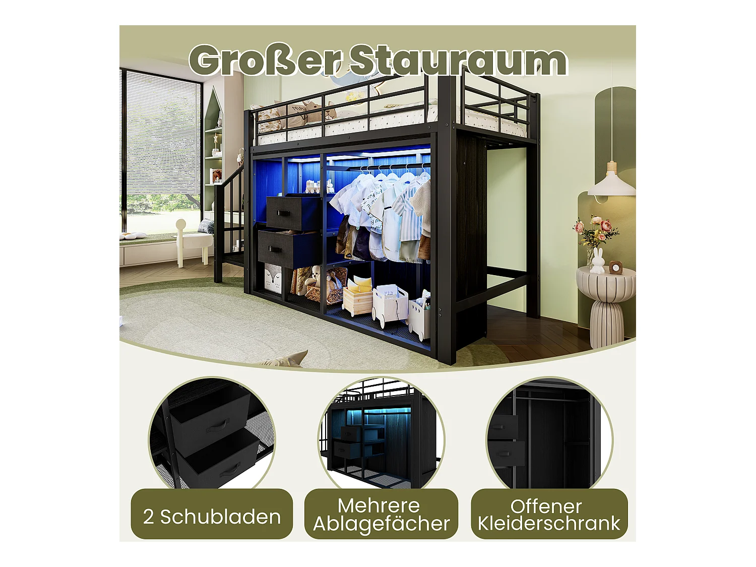 Kinderhochbett - 90 x 200 cm - mit 2 Schubladen + offenem Kleiderschrank + LEDs - Metall - schwarz