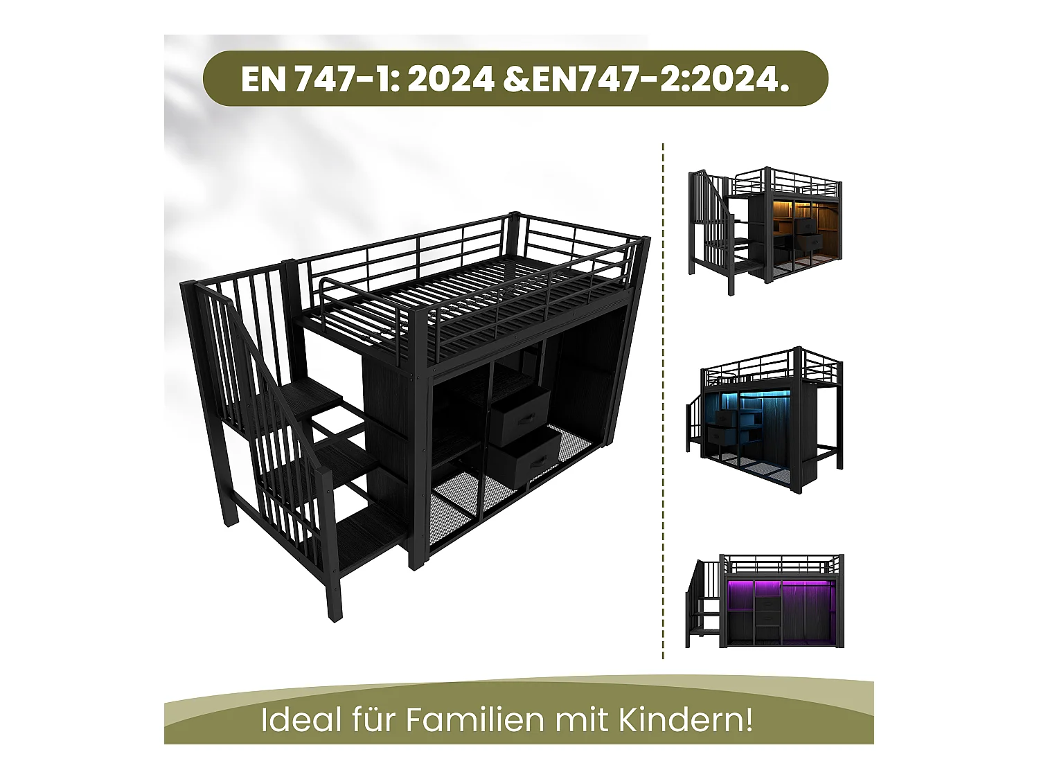 Kinderhochbett - 90 x 200 cm - mit 2 Schubladen + offenem Kleiderschrank + LEDs - Metall - schwarz