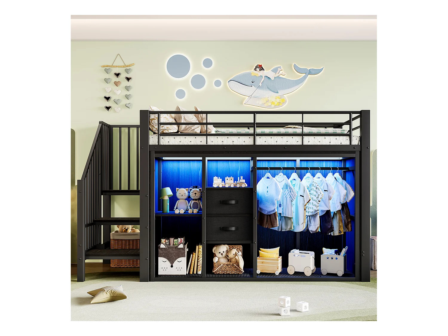 Kinderhochbett - 90 x 200 cm - mit 2 Schubladen + offenem Kleiderschrank + LEDs - Metall - schwarz