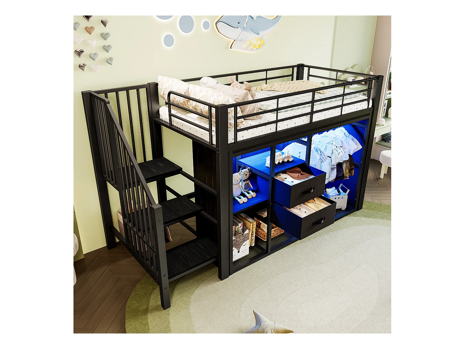Kinderhochbett - 90 x 200 cm - mit 2 Schubladen + offenem Kleiderschrank + LEDs - Metall - schwarz