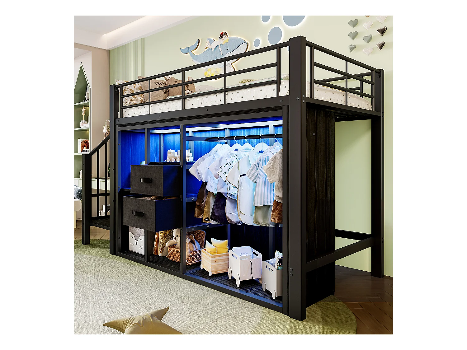 Kinderhochbett - 90 x 200 cm - mit 2 Schubladen + offenem Kleiderschrank + LEDs - Metall - schwarz