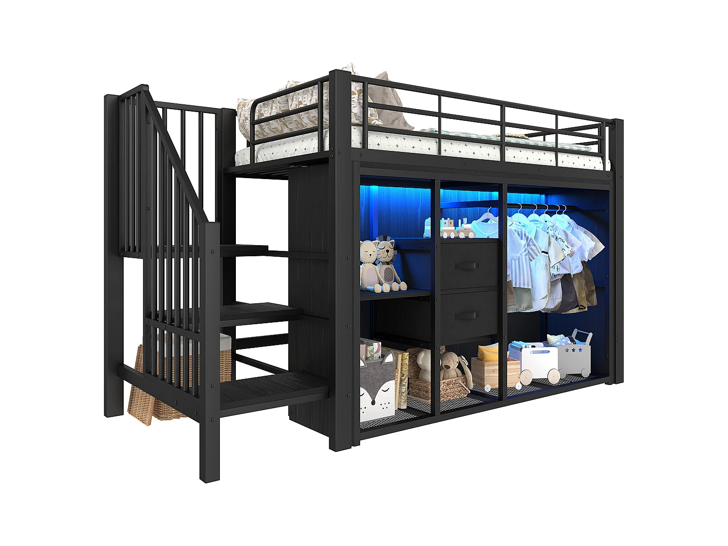 Kinderhochbett - 90 x 200 cm - mit 2 Schubladen + offenem Kleiderschrank + LEDs - Metall - schwarz