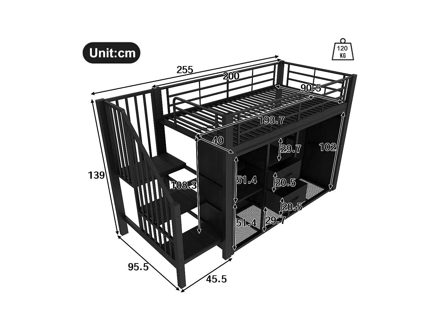 Kinderhochbett - 90 x 200 cm - mit 2 Schubladen + offenem Kleiderschrank + LEDs - Metall - schwarz