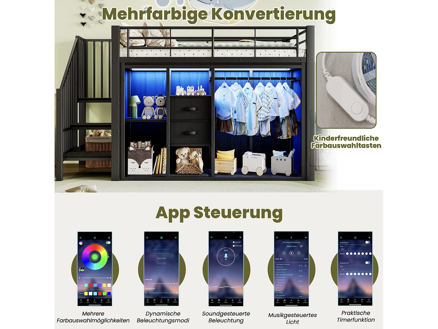 lit mezzanine pour enfant - 90 x 200 cm - avec 2 tiroirs + armoire ouverte + Leds - métal - noir